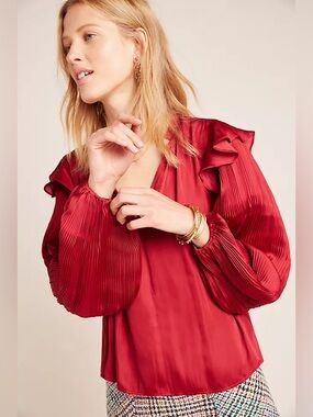 Anthropologie Dolan Sloane Blouse Red Ruffle-Shoulder Pleated Balloon Sleeve Med